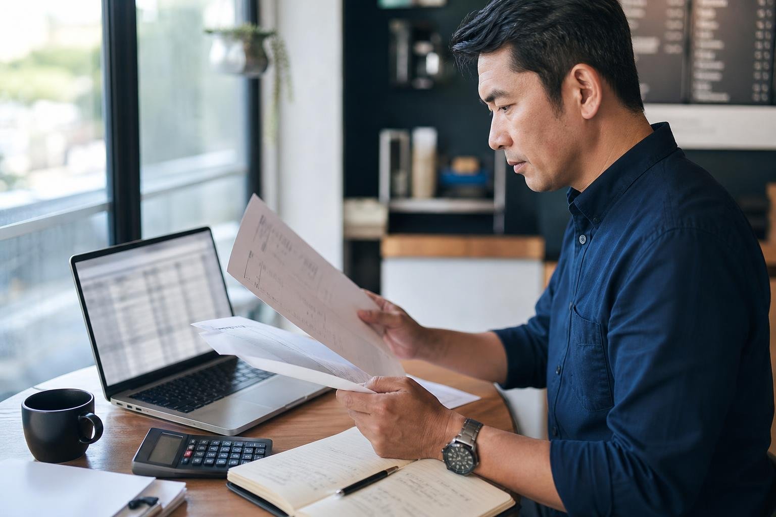 Small business owner reviewing invoices, cash flow notes, and a calculator at a desk